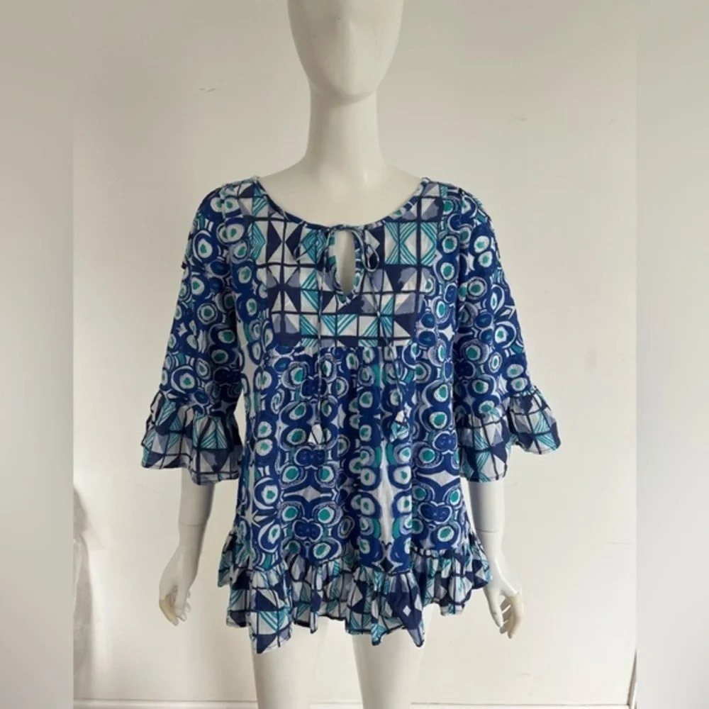 ANTICA SARTORIA BLUE & WHITE SEA URCHINS V NECK PONCHO TOP OR COVER UP OS NWT